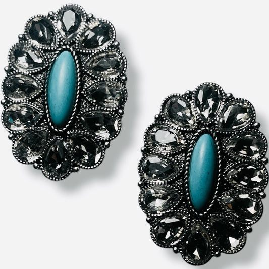 Rustic Elegance Silver Concho Earrings with Turquoise and Rhinestone Accents