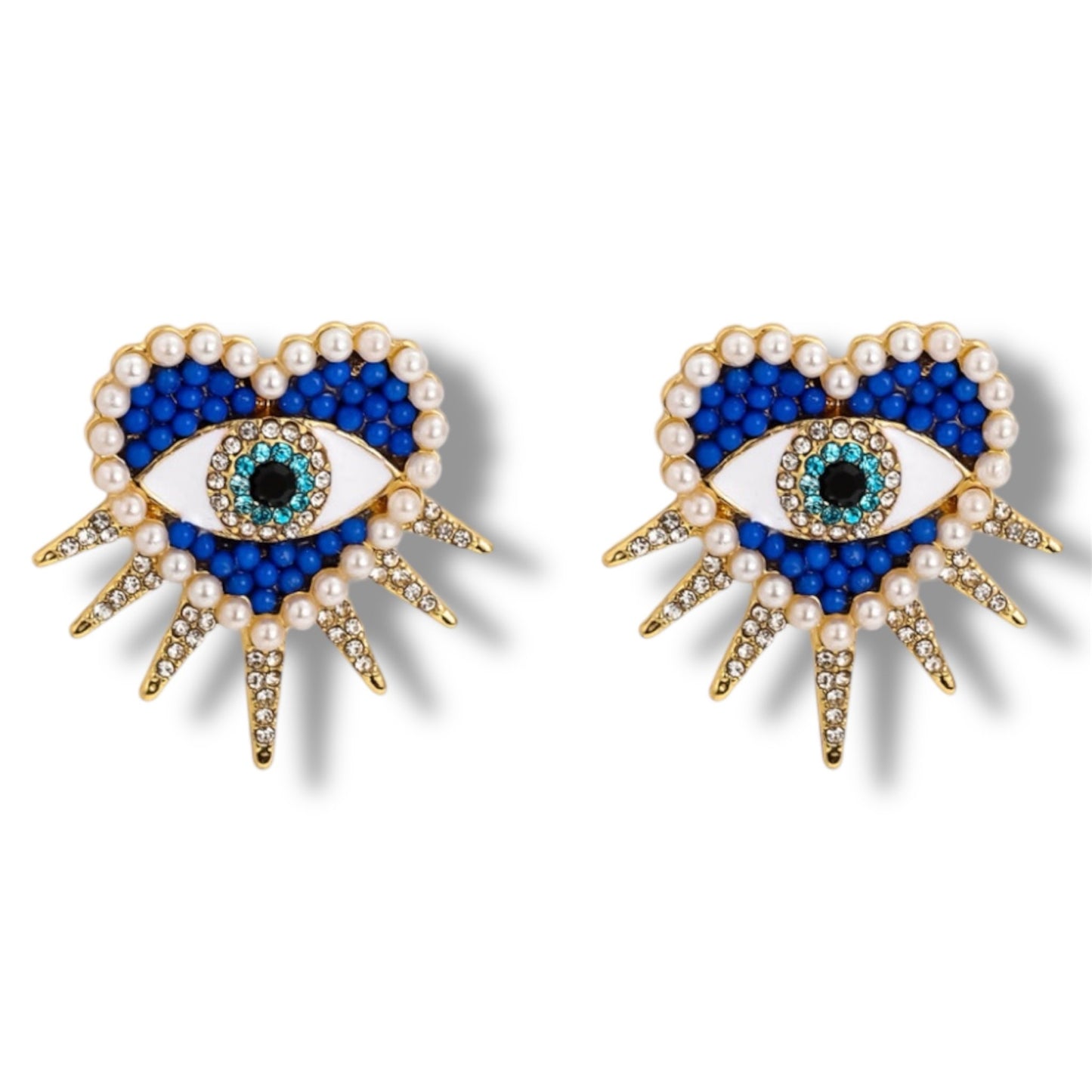 Luxe Gold Evil Eye Earrings with Pearls & Dazzling Blue Rhinestones