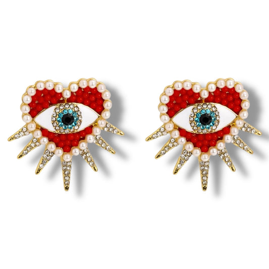 Luxe Gold Evil Eye Earrings with Pearls & Dazzling Red Rhinestones