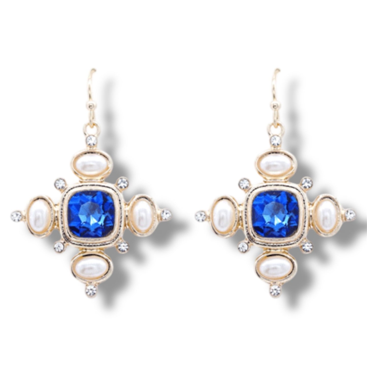 Divine Gold Cross Earrings with Blue Stones, Pearl Embellishments, and Rhinestone Accents