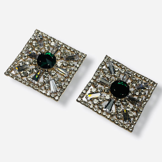 Timeless Art Deco Silver Earrings with Dazzling Clear & Emerald Green Stones