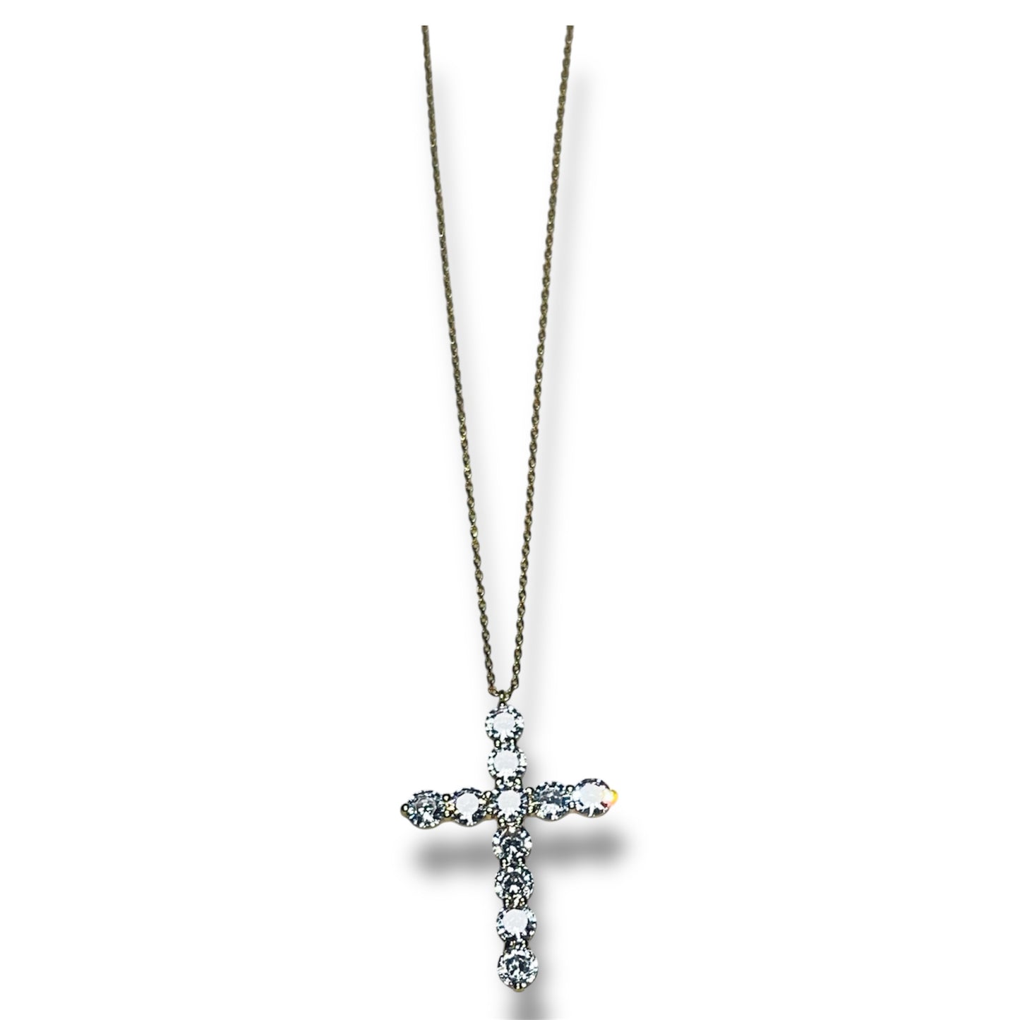 Chunky Gold Toned Cross Necklace with Rhinestone Accents