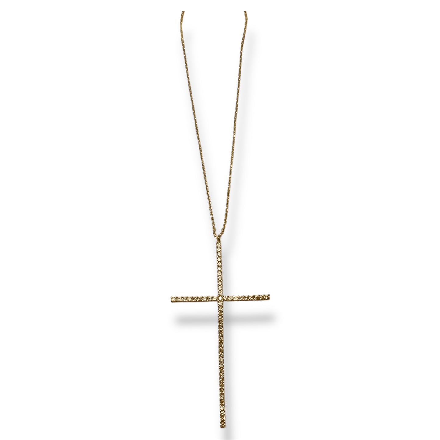 Gold Toned Slim Cross Necklace with Clear Rhinestone Accents