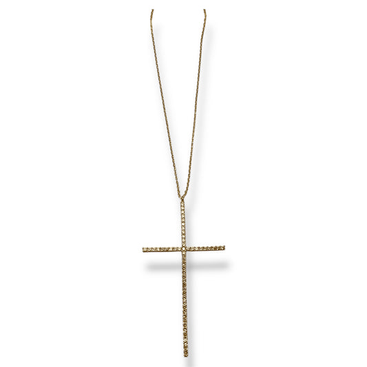 Gold Toned Slim Cross Necklace with Clear Rhinestone Accents