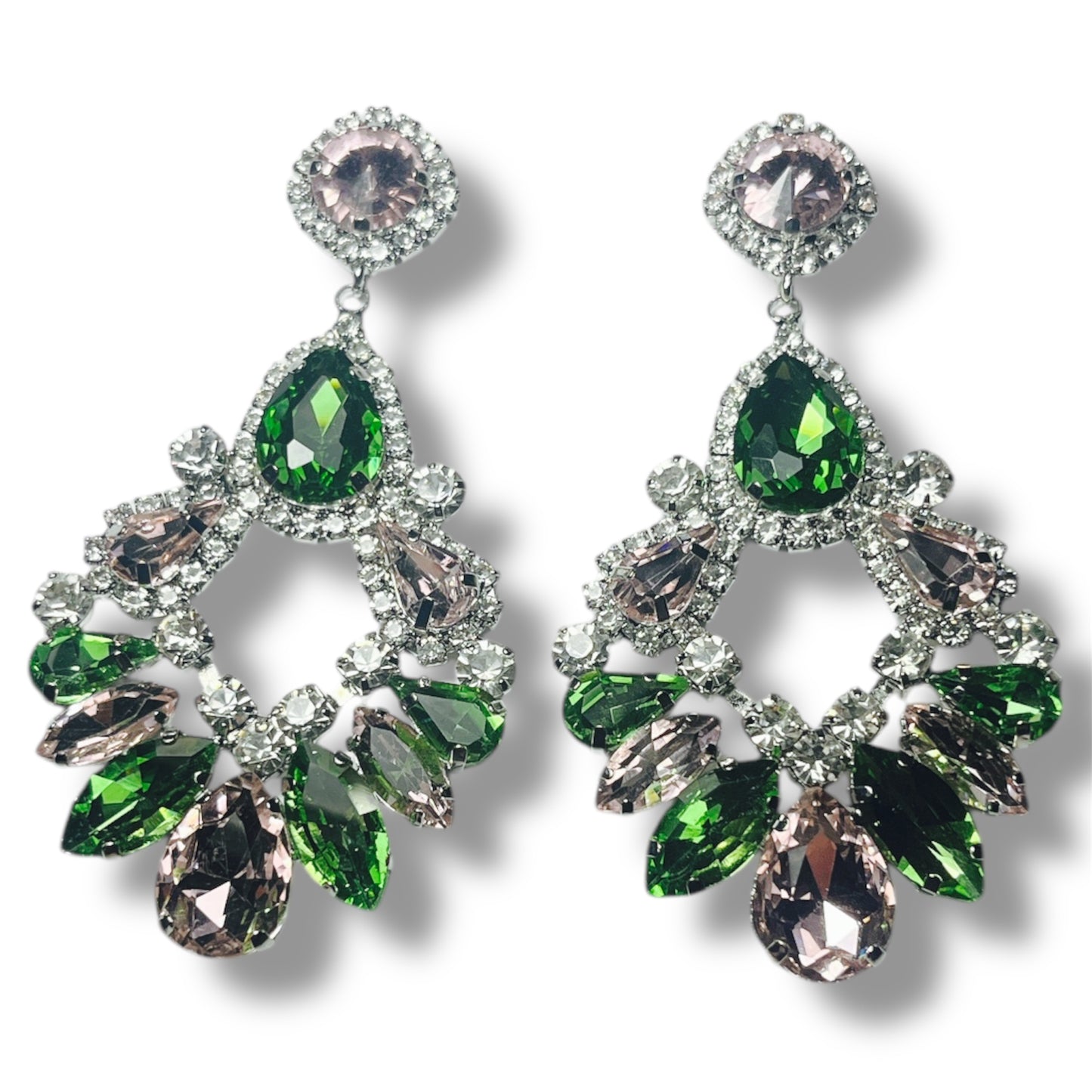 Bold Oversized, Drop Earrings with Clear, Pink & Green Stones