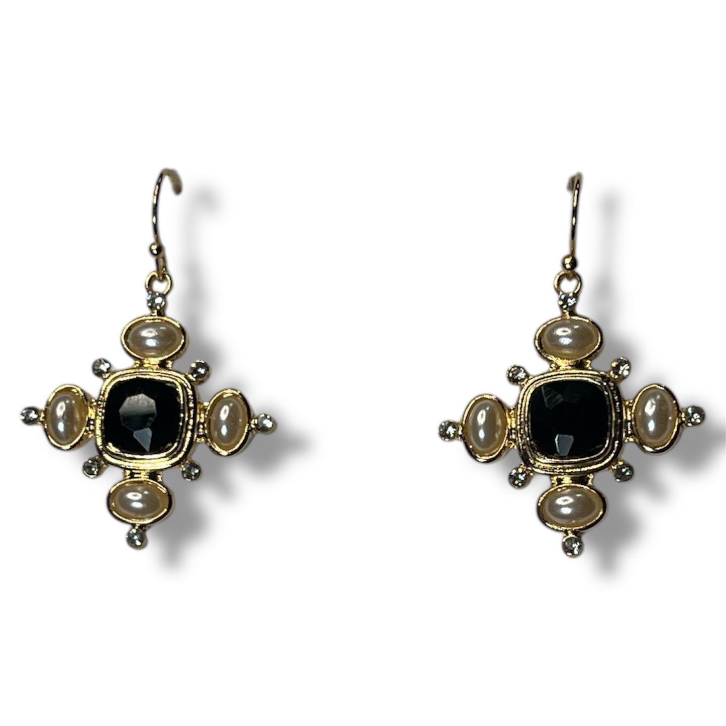 Divine Gold Cross Earrings with Black Stones, Pearl Embellishments, and Rhinestone Accents