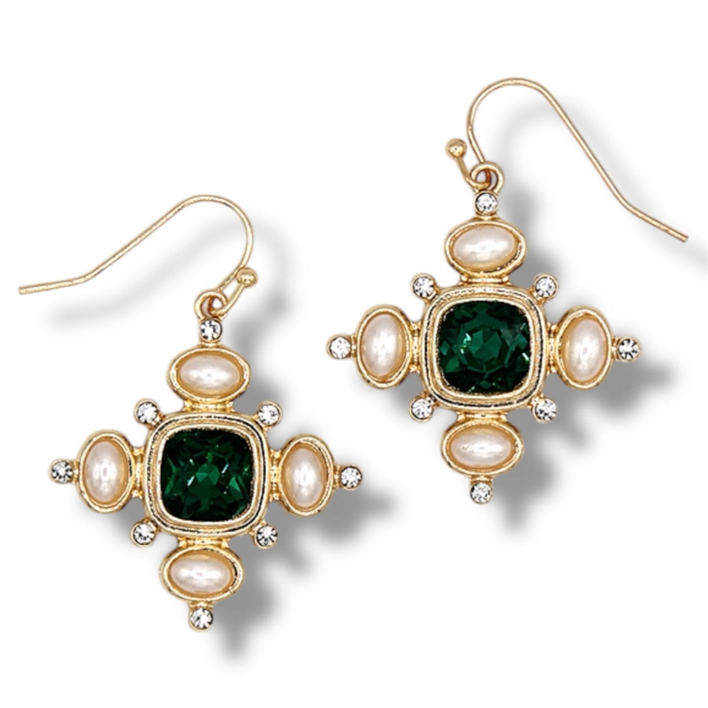 Divine Gold Cross Earrings with Green Stones, Pearl Embellishments, and Rhinestone Accents