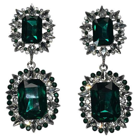 Oversized Art Deco Drop Earrings with Clear and Emerald Stones